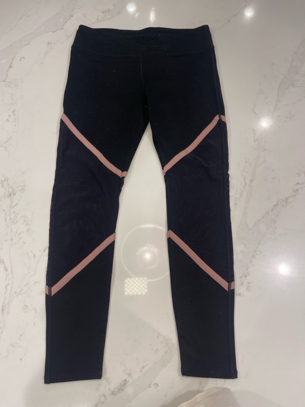 Fabletics Women’s Black Athletic Leggings with Pink Trim and Black Mesh Panels